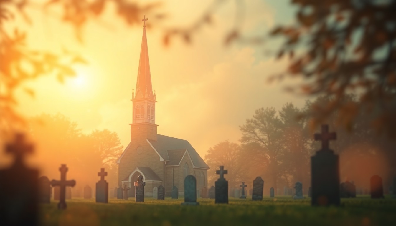 An extremely abstracted, out-of-focus photograph of a church steeple and graveyard, composed entirely of soft, warm pools of light and color that create a contemplative, reverent mood.