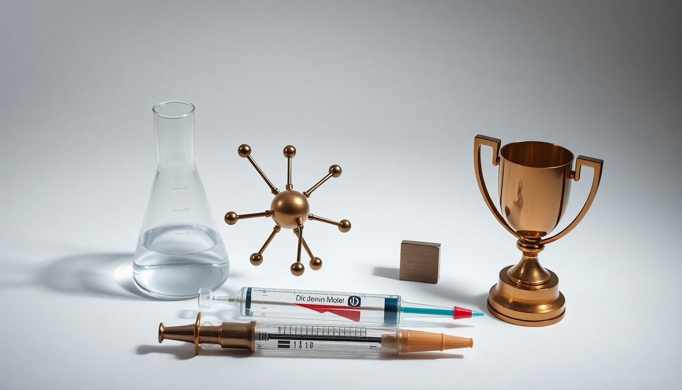 A high-end, photorealistic studio still-life photograph featuring a collection of polished, geometric objects representing the key elements of pharmaceutical innovation and entrepreneurship, including a glass beaker, a molecular model, a metal syringe, and a bronze trophy, arranged elegantly on a clean, white seamless background with dramatic studio lighting and deep shadows.