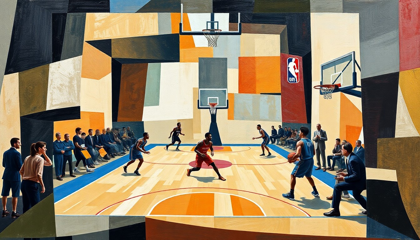 A cubist, geometric painting depicting a fragmented basketball court and players, conveying the discord and disunity surrounding the Mavericks' decision to trade their star player.