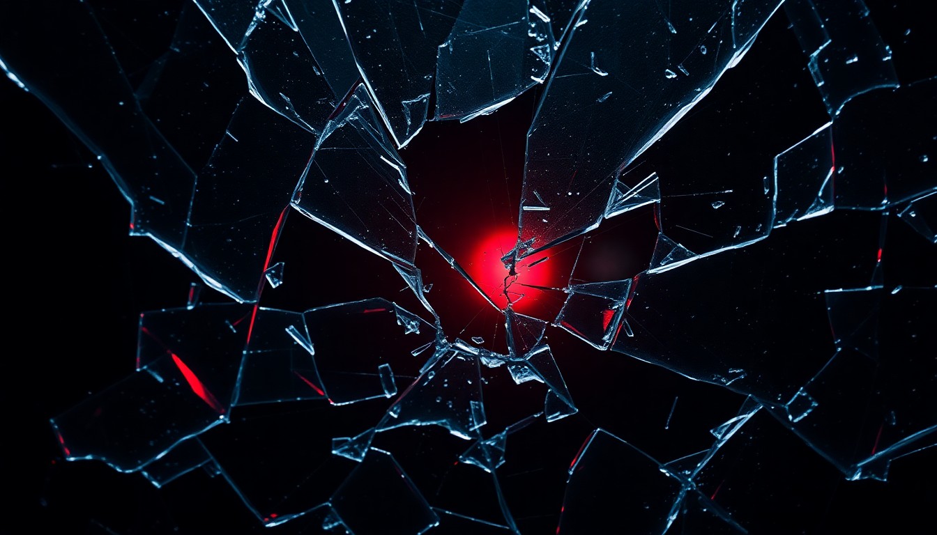 An abstract close-up image of shattered glass reflecting a faint red light, conveying a sense of intensity and drama.