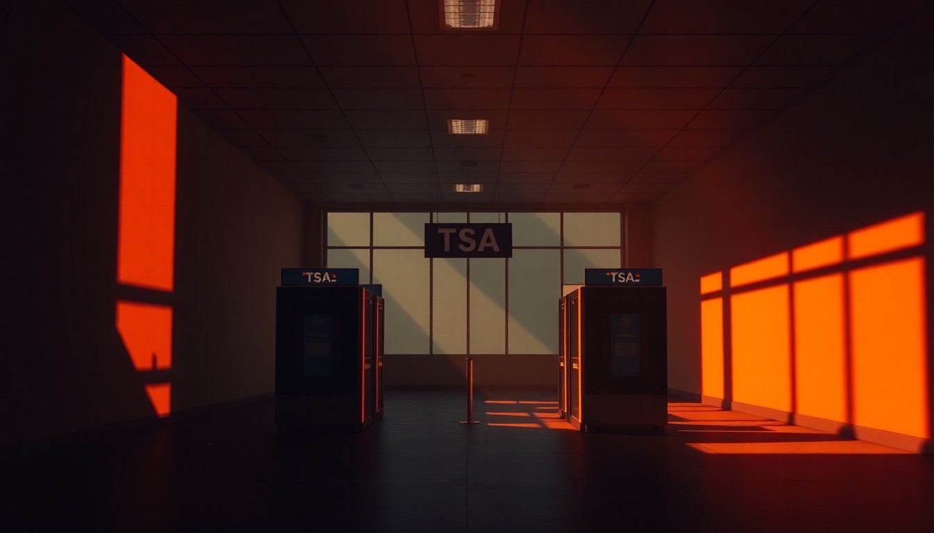 A serene, cinematic painting depicting a lone TSA checkpoint station, with warm sunlight streaming in and deep shadows casting an air of uncertainty, conceptually representing the tensions and challenges faced during the government shutdown's impact on air travel.