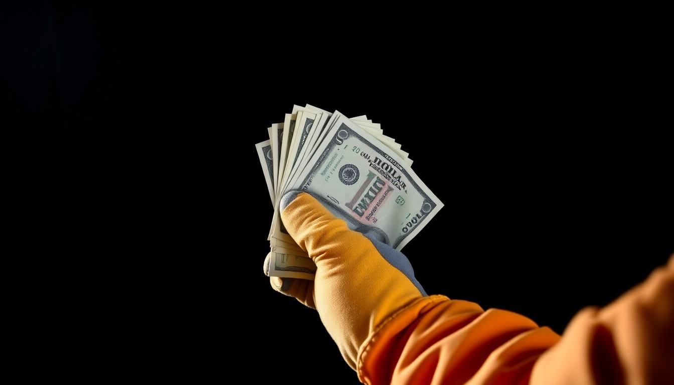 An extreme close-up of a gloved hand holding a wad of cash, conceptually illustrating the bribery and kickbacks uncovered in a federal investigation into construction industry corruption.