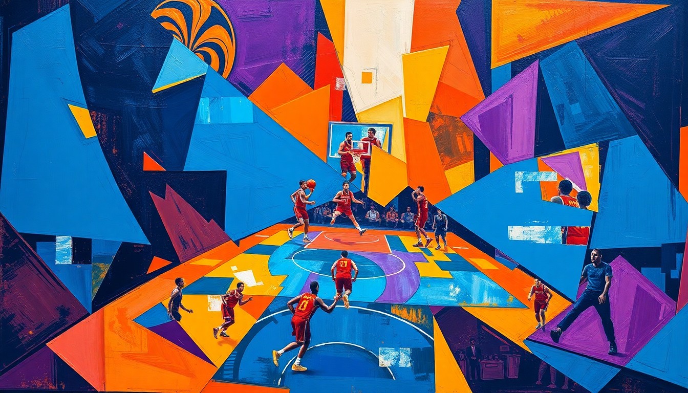 A cubist, geometric painting depicting fragmented, overlapping shapes and planes in a vibrant color palette, conceptually representing the multifaceted careers and legacies of the inductees.
