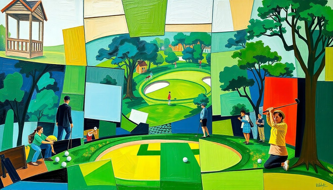 A cubist, geometric painting depicting a fractured, multi-angle view of a women's golf tournament, with sharp planes of green fairways, blue skies, and brown sand traps overlapping to create a dynamic, abstract composition.