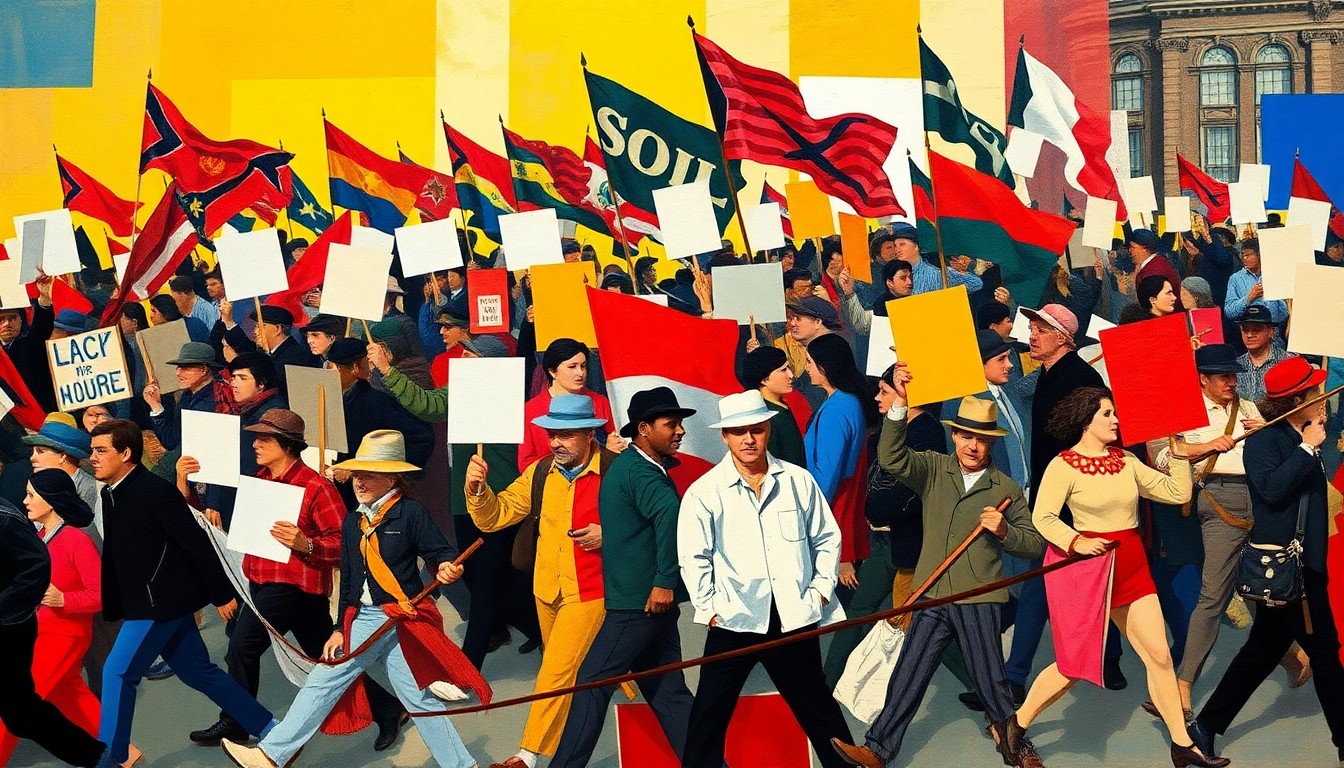 A vibrant, fragmented painting depicting protesters marching with signs, the figures repeated in overlapping, geometric waves of color, conveying the energy and momentum of the 'No Kings' demonstrations.