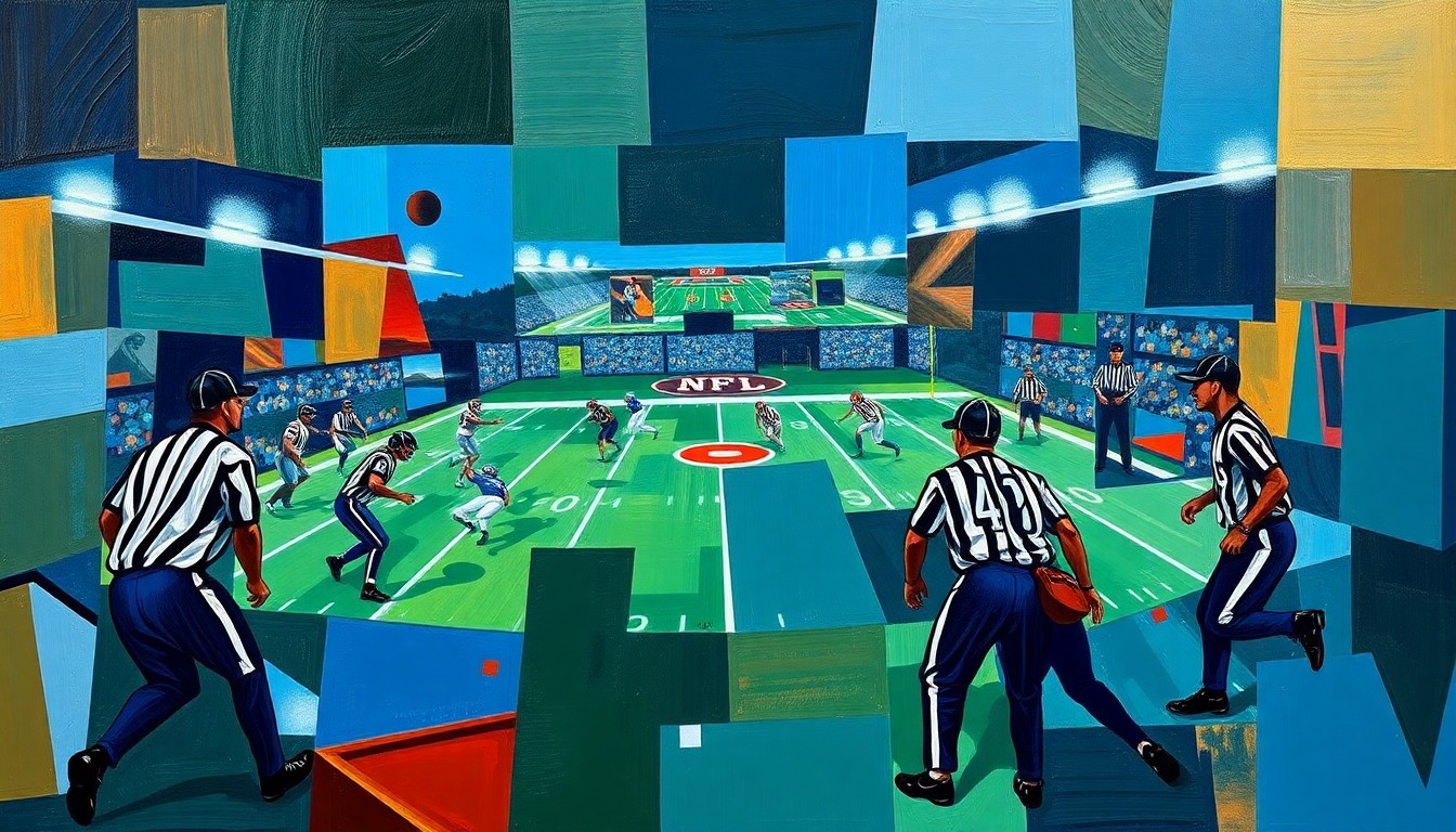 A cubist, geometric painting depicting a fragmented, multi-angled view of a football officiating scene, with sharp planes of color representing the challenges a female official faces in the male-dominated sport.