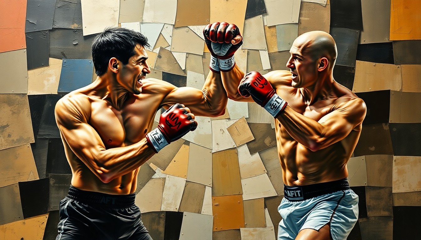 A fractured, multi-perspective painting depicting an intense MMA fight between two shirtless fighters, with sharp, overlapping geometric planes capturing the raw energy and action of the bout.