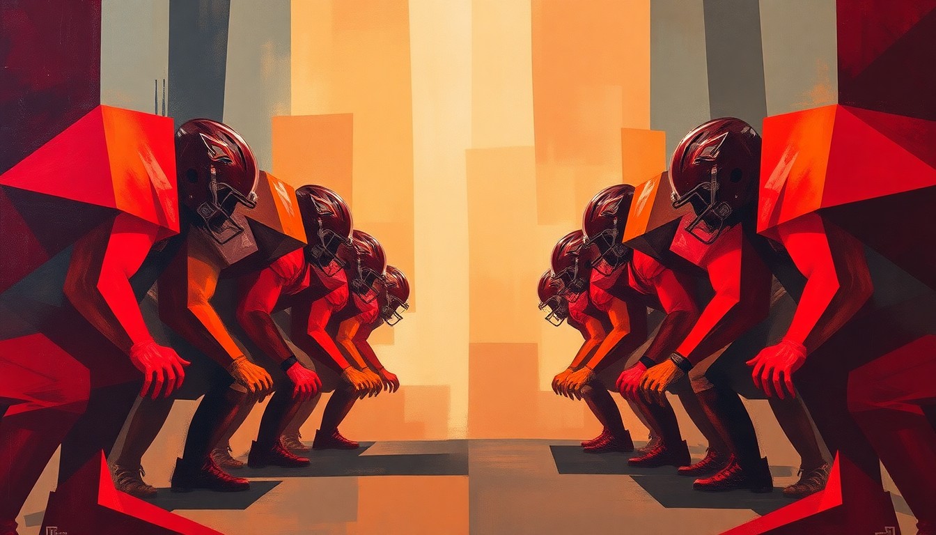 A fragmented, cubist-style painting depicting an abstract football offensive line formation, with sharp geometric shapes in deep red, orange, and grey tones conveying the power and intensity of the sport.