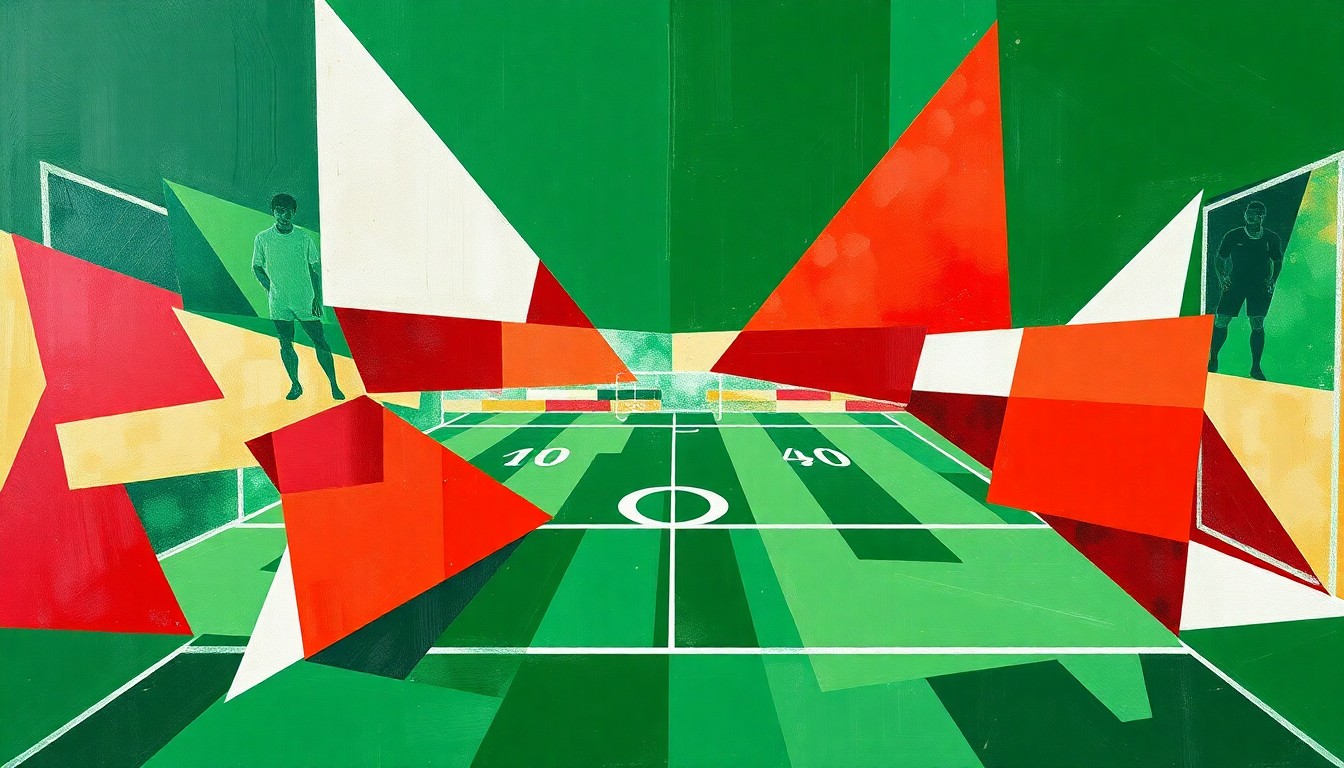 A cubist, geometric painting depicting a fragmented football field with players and ball rendered in sharp, overlapping planes of green, white, and red, conceptually representing the controversy over the NFL's scheduling practices.