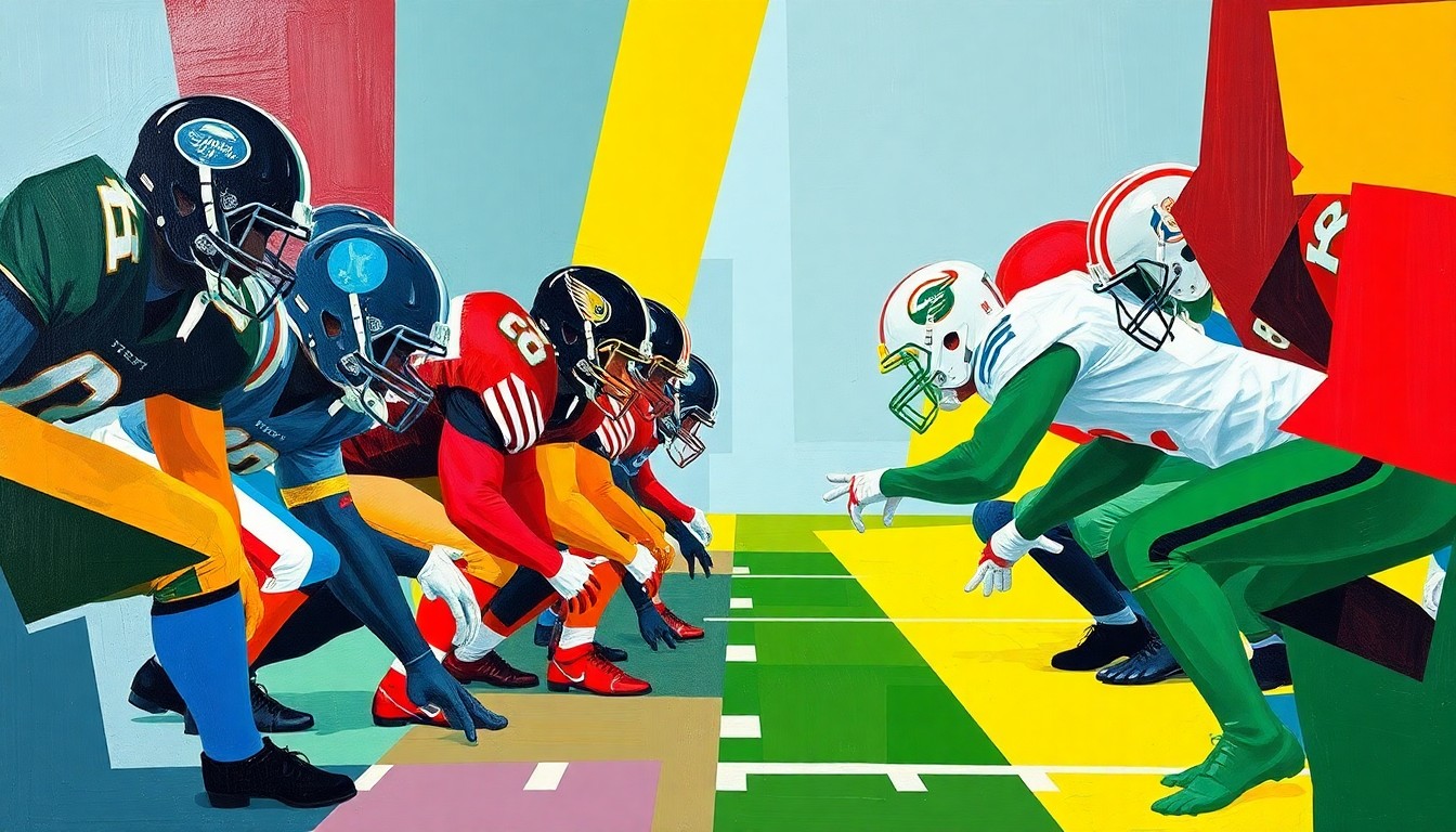 A cubist, geometric painting depicting the overlapping and fractured forms of an offensive line, with the players' bodies and movements broken down into sharp, angular planes in the team's official colors.