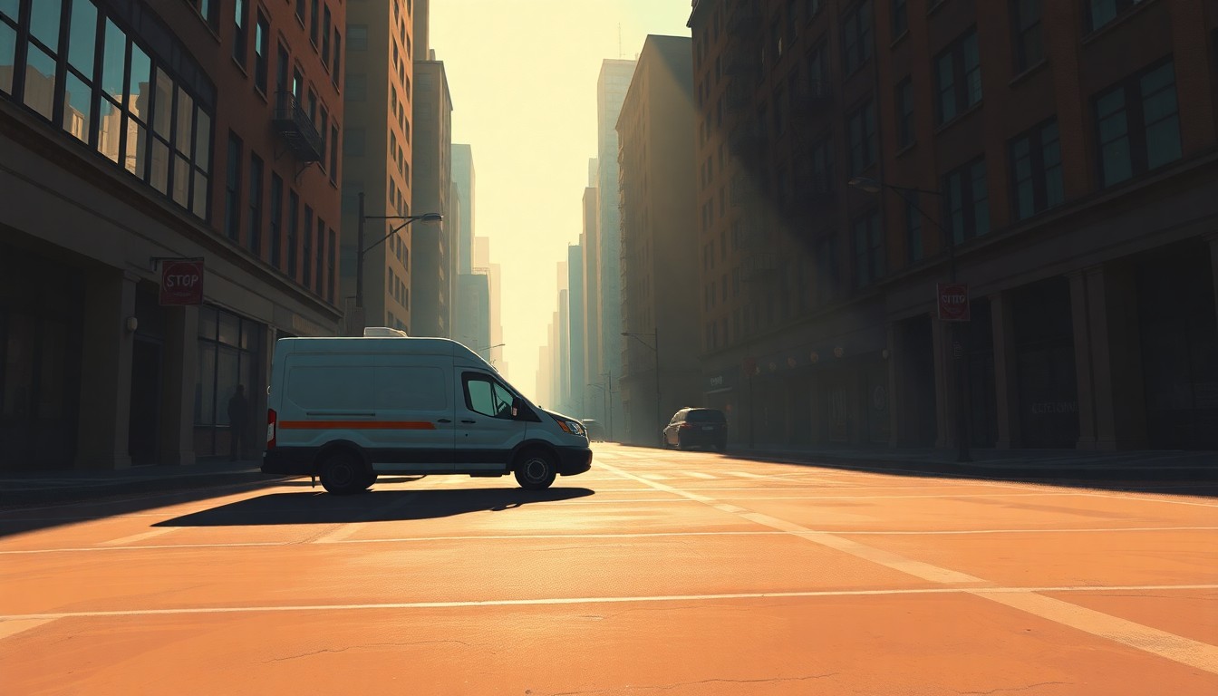 A photorealistic painting of a lone city fleet vehicle parked on a shadowy urban street, capturing a sense of solitude and the importance of well-maintained public infrastructure.