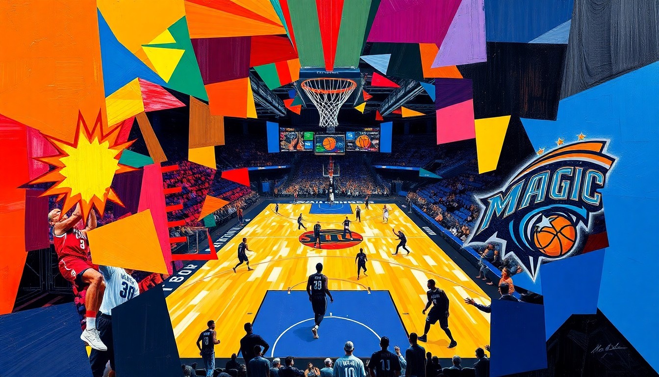 A cubist, geometric painting depicting a basketball game between the Phoenix Suns and Orlando Magic, with the players and action on the court represented by overlapping, fragmented shapes and planes in the teams' official colors.