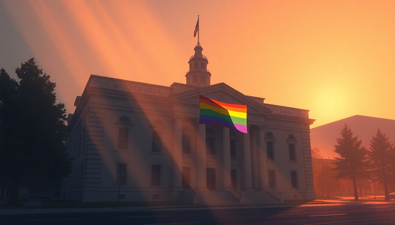 A serene, nostalgic painting of Boise City Hall, its facade illuminated by warm, golden light, with the colorful Pride flag flying prominently in the foreground, conveying a sense of civic pride and community belonging.