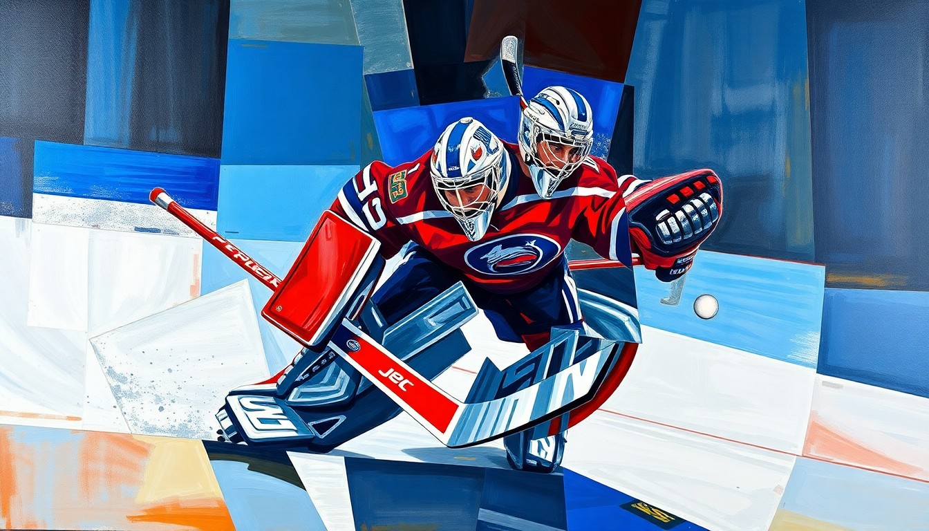 A cubist-style painting depicting a hockey goaltender in action, with their movements broken down into sharp, overlapping geometric shapes in a vibrant color palette of blues, reds, and silvers.