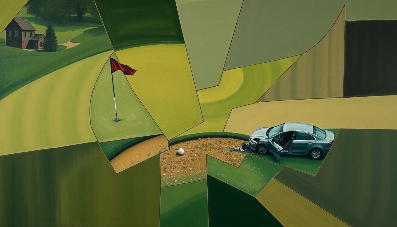 A cubist-style painting depicting a fractured, multi-angled view of a golf course and a crashed car, conveying the complex personal and legal issues surrounding Tiger Woods' potential return to the Masters.