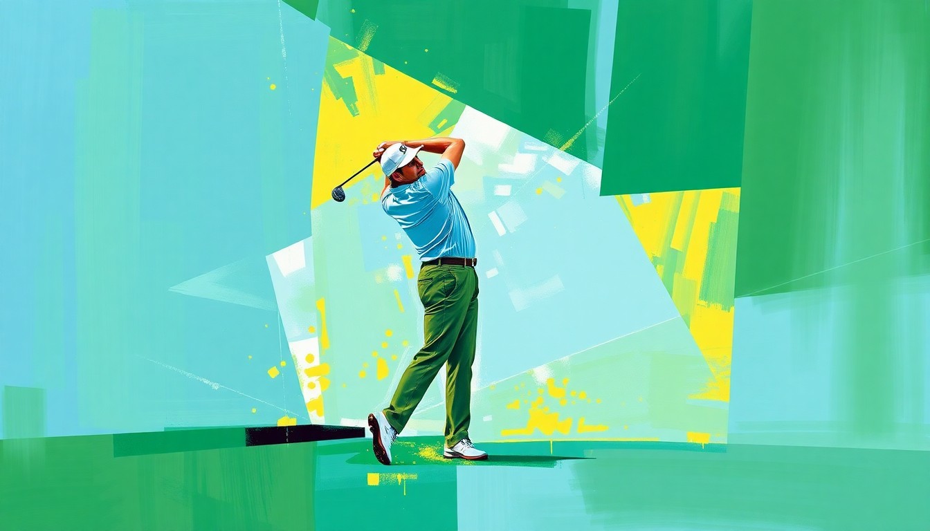A cubist, geometric painting depicting a golfer's swing broken down into overlapping planes of green, blue, and yellow, conveying the raw energy and movement of the sport.