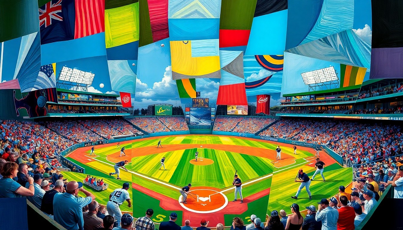 A cubist, geometric painting depicting the dynamic action of a college baseball game, with players, bats, and baseballs fractured into overlapping planes of vibrant colors.