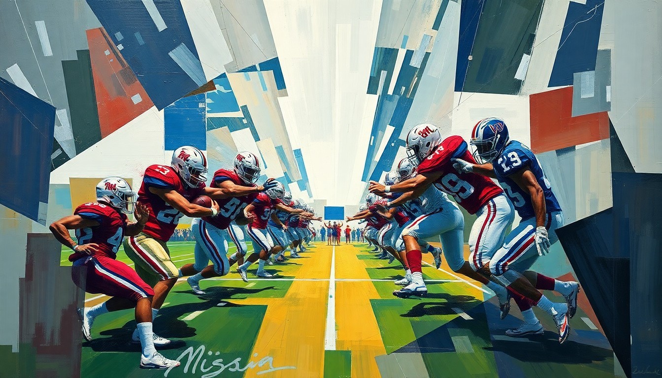 A cubist, geometric painting depicting an Ole Miss football practice, with players and equipment broken down into sharp, overlapping planes of color and movement.