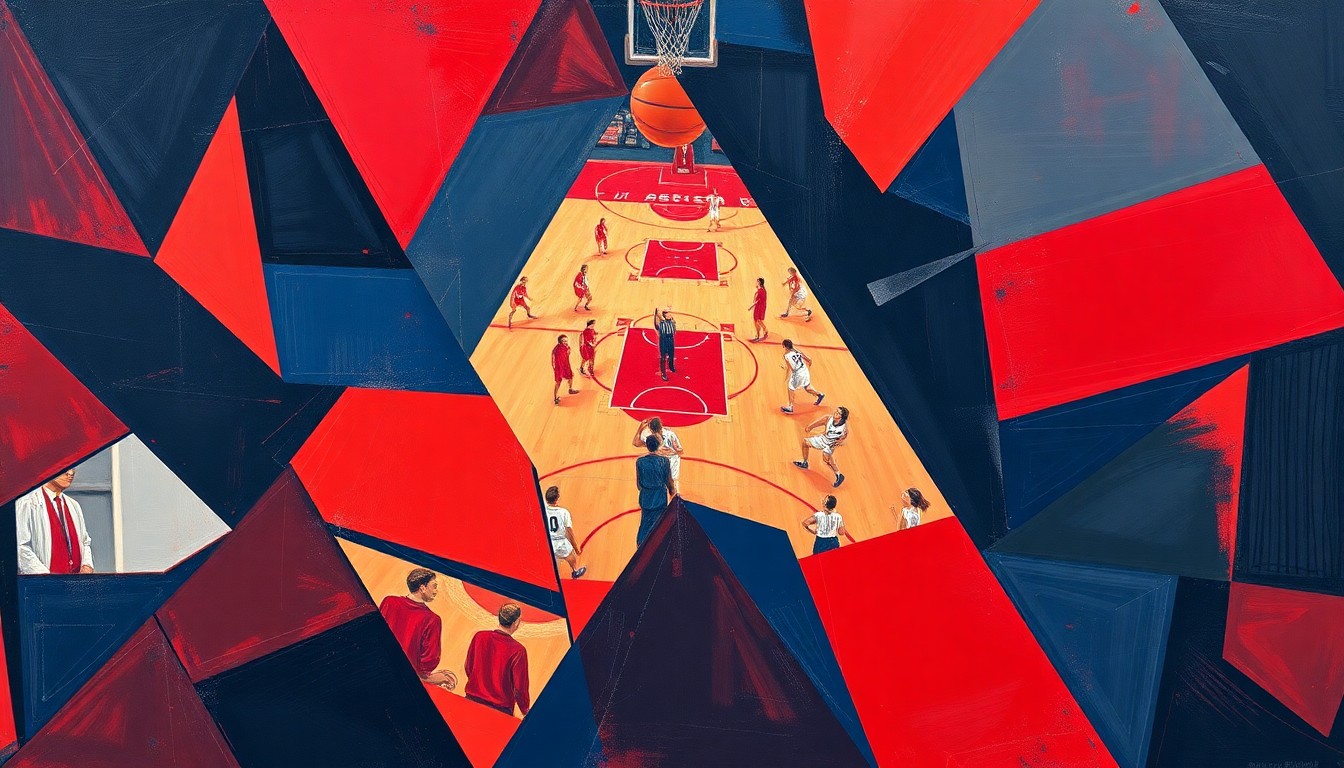 A fractured, multi-perspective painting in vibrant shades of red and blue, breaking down a women's basketball game into sharp, overlapping geometric shapes and planes, conceptually representing the Arkansas State Red Wolves' historic season.
