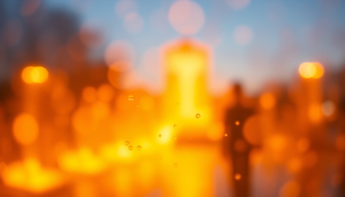 An abstract, impressionistic scene of blurred, softly glowing lights and colors, evoking the somber yet uplifting mood of a public memorial dedication.