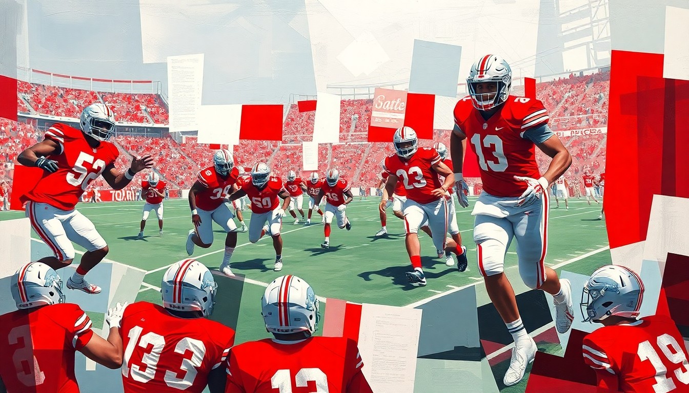 A cubist, geometric painting depicting the dynamic movements and energy of an Ohio State football practice, with sharp planes of scarlet, gray, and white overlapping to capture the raw athleticism and team spirit of the Buckeyes.