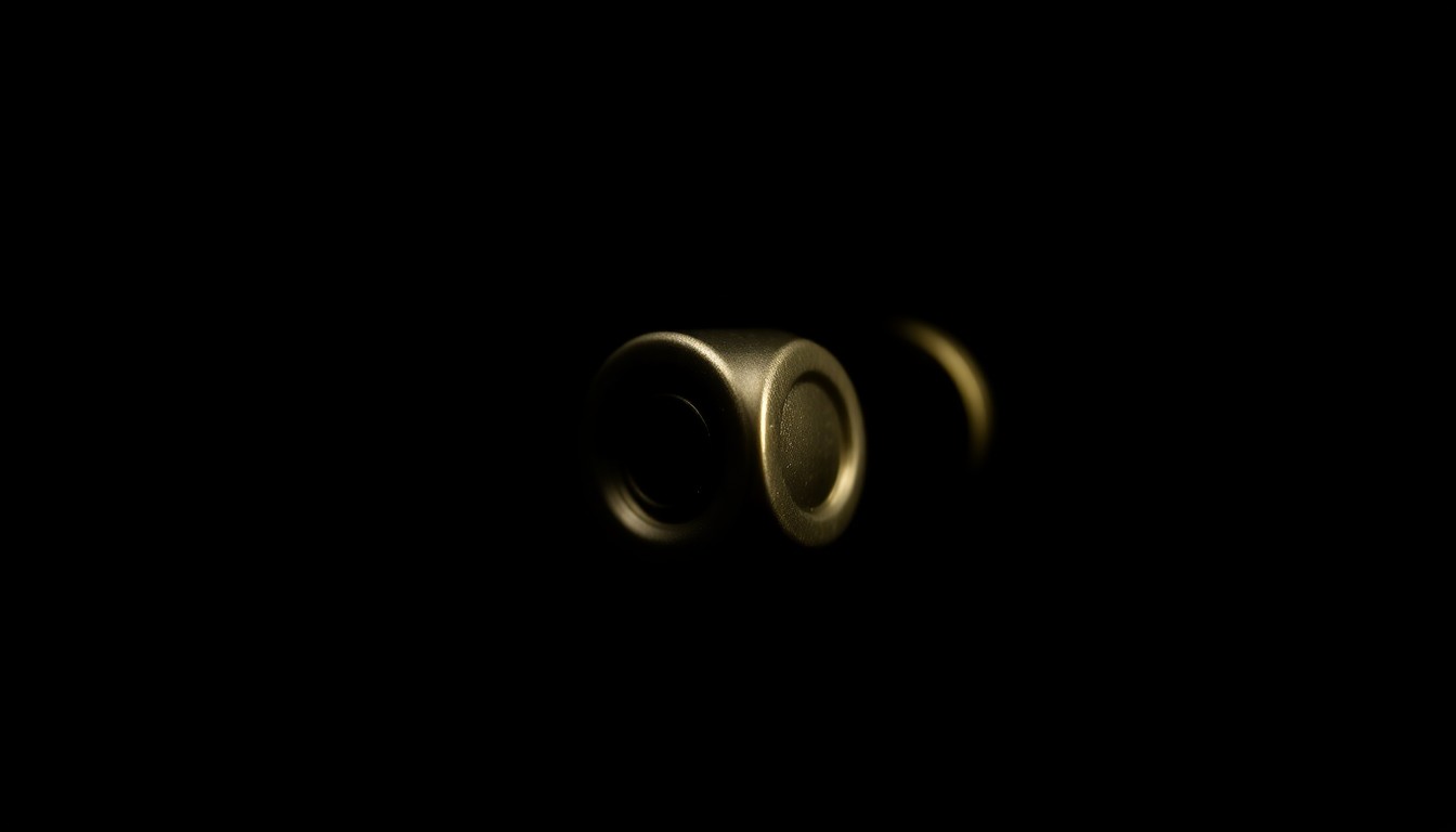 An extreme close-up photograph of a 9mm handgun shell casing against a pitch-black background, lit by a harsh, direct camera flash to create a stark, gritty, investigative aesthetic.