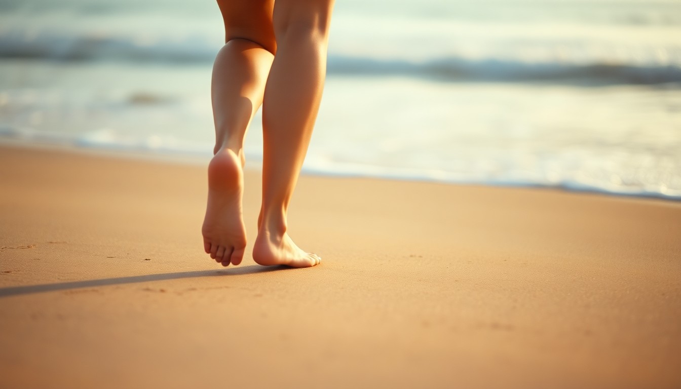 An extremely abstracted, out-of-focus photograph of a person's feet walking on a sandy beach, with the ocean visible in the background, captured in a warm, hazy, and dreamlike style that evokes a sense of tranquility and leisure.