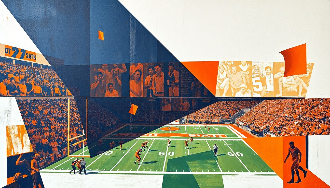 A fragmented, cubist-style painting depicting an Oklahoma State football game, with the players and field reduced to sharp, overlapping geometric shapes in a palette of orange, blue, and white, capturing the dynamic energy of the team's revamped passing offense.