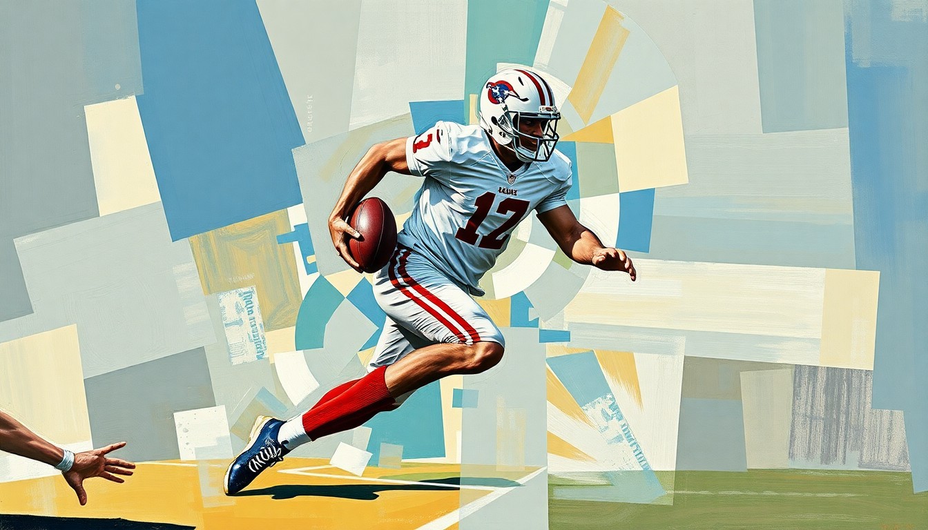 A cubist-style painting depicting a football player in motion, broken down into sharp, overlapping geometric shapes and planes in a vibrant color palette, conceptually representing the strategic nature of Notre Dame's early recruitment of the talented local prospect.