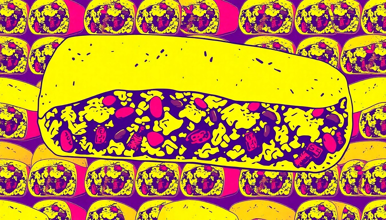 A brightly colored, high-contrast silkscreen print of a massive burrito filled with rice, beans, meat, and vegetables, repeated in a tight grid pattern to capture the iconic nature of this oversized menu item.