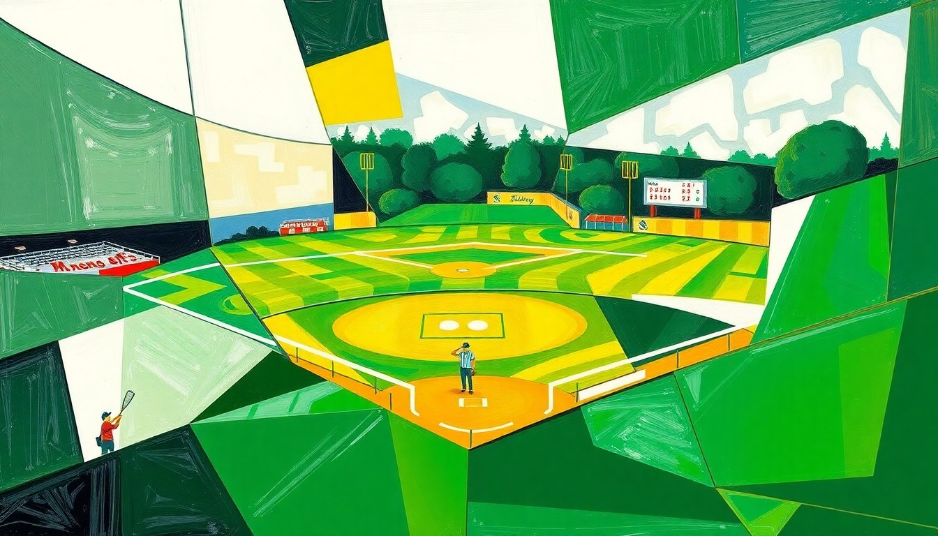 A cubist-style painting featuring overlapping geometric shapes in green, white, and yellow, capturing the dynamic action and energy of a high school softball game.