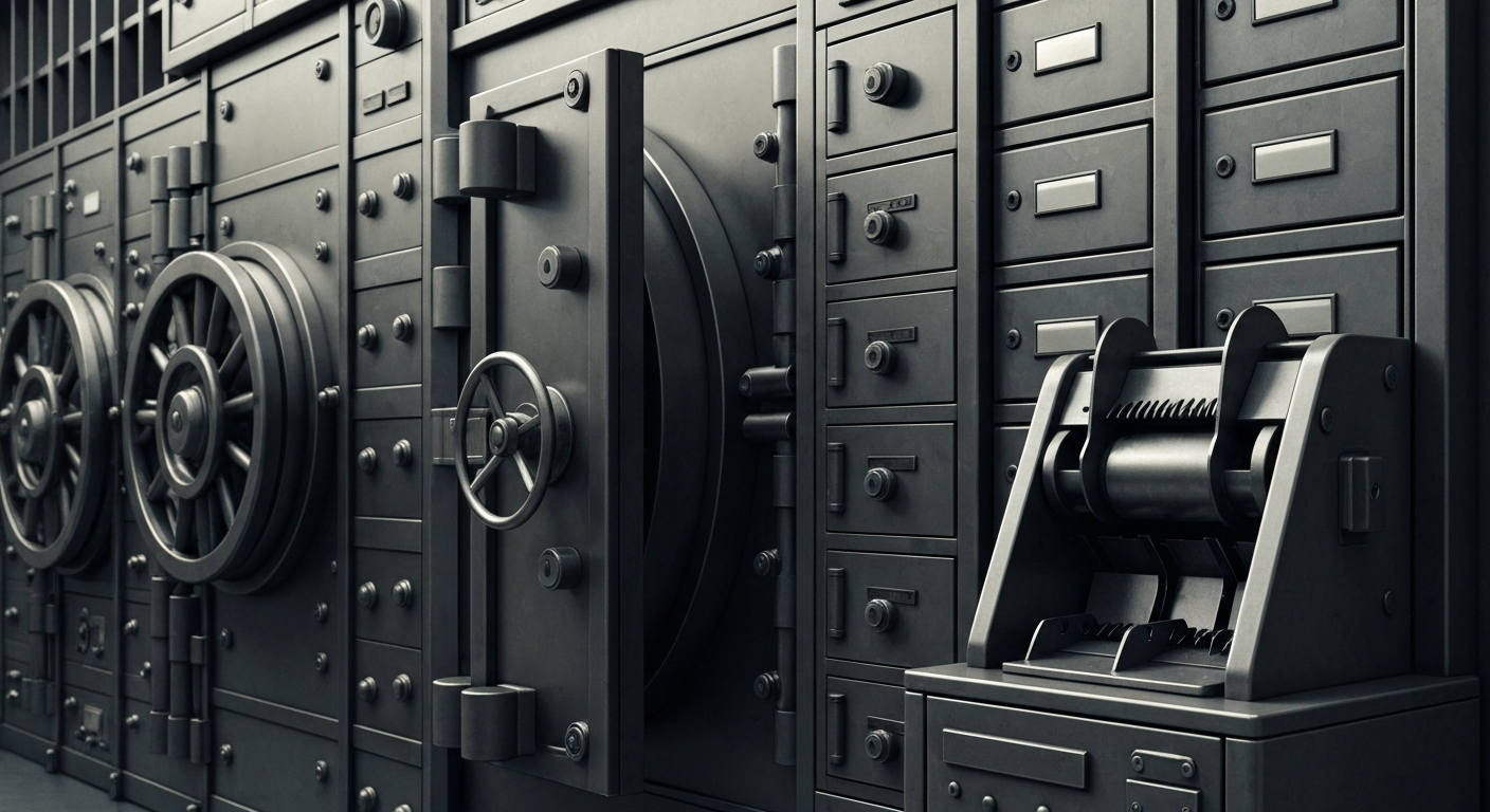 An extreme close-up of various industrial banking equipment and mechanics, including vault doors, safety deposit boxes, and cash counting machines, all rendered in a muted, industrial color palette to conceptually represent the institutional forces and financial infrastructure underlying the short interest activity on Oak Valley Bancorp's stock.