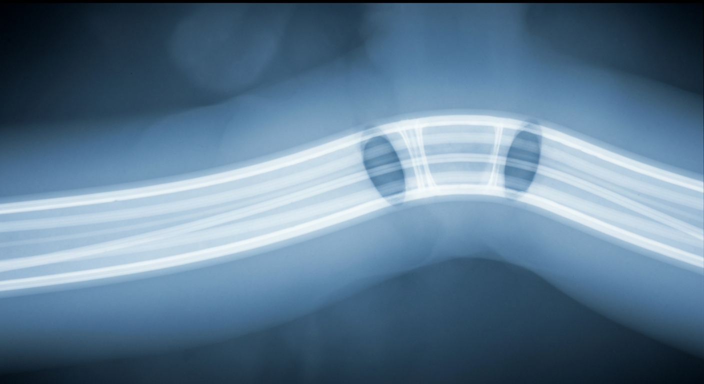 A ghostly, translucent X-ray photograph revealing the internal structures of a sewage pipe, conceptually illustrating the unseen contamination that led to the beach closure.