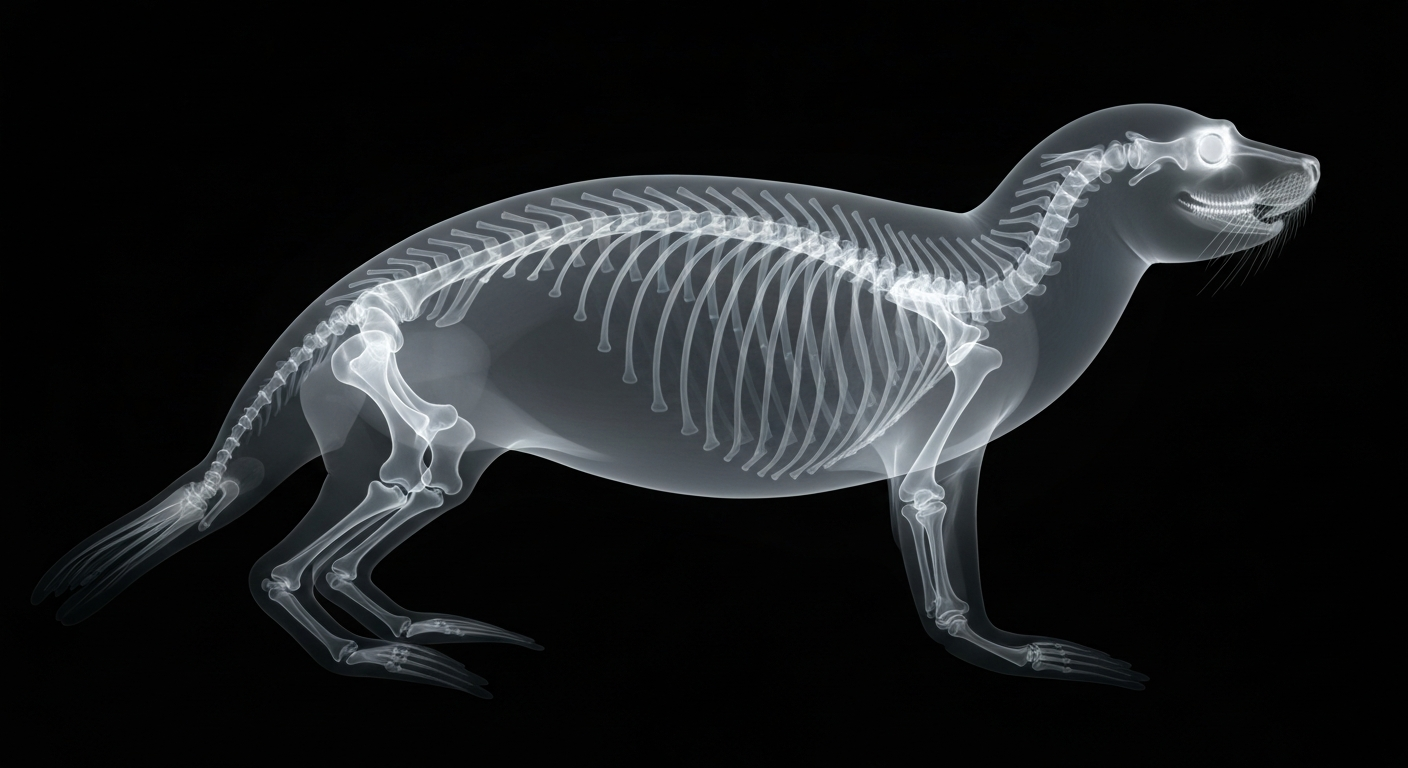 A ghostly, translucent X-ray photograph revealing the skeletal structure of a California sea lion, conveying the fragility of marine life facing a deadly virus outbreak.