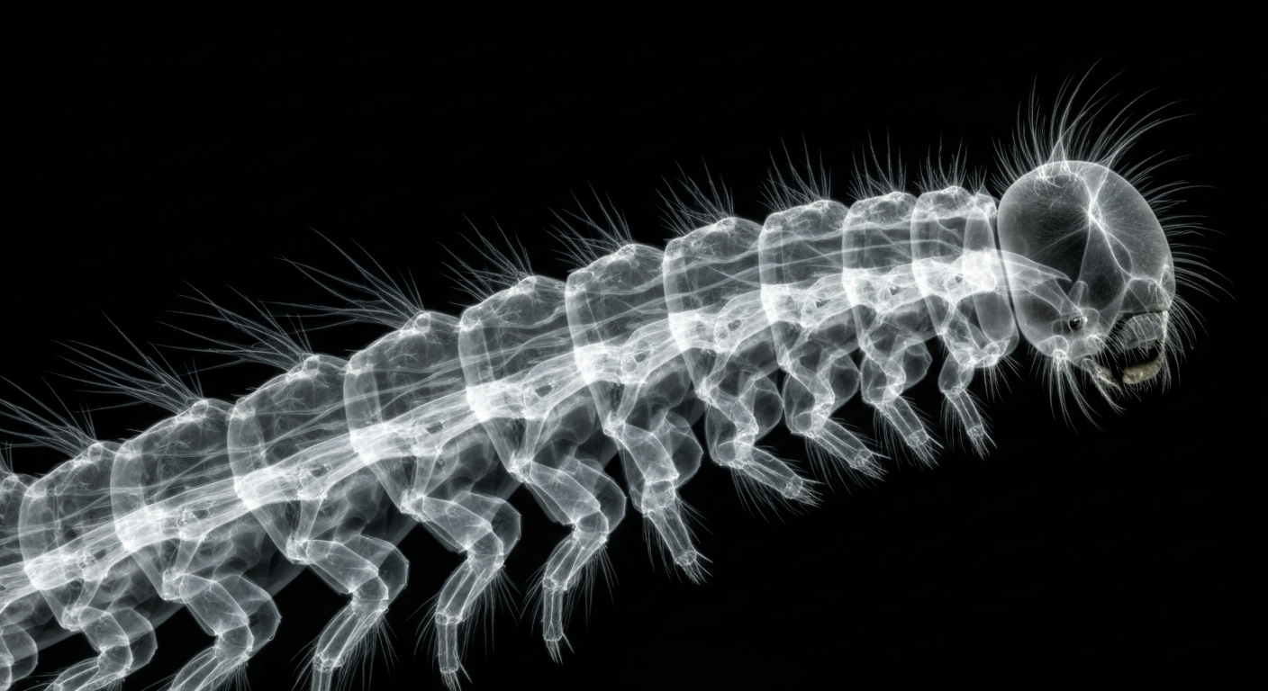 A ghostly, translucent X-ray image revealing the internal skeletal structure and nervous system of a tussock moth caterpillar, conceptually illustrating the hidden dangers of these fuzzy insects.