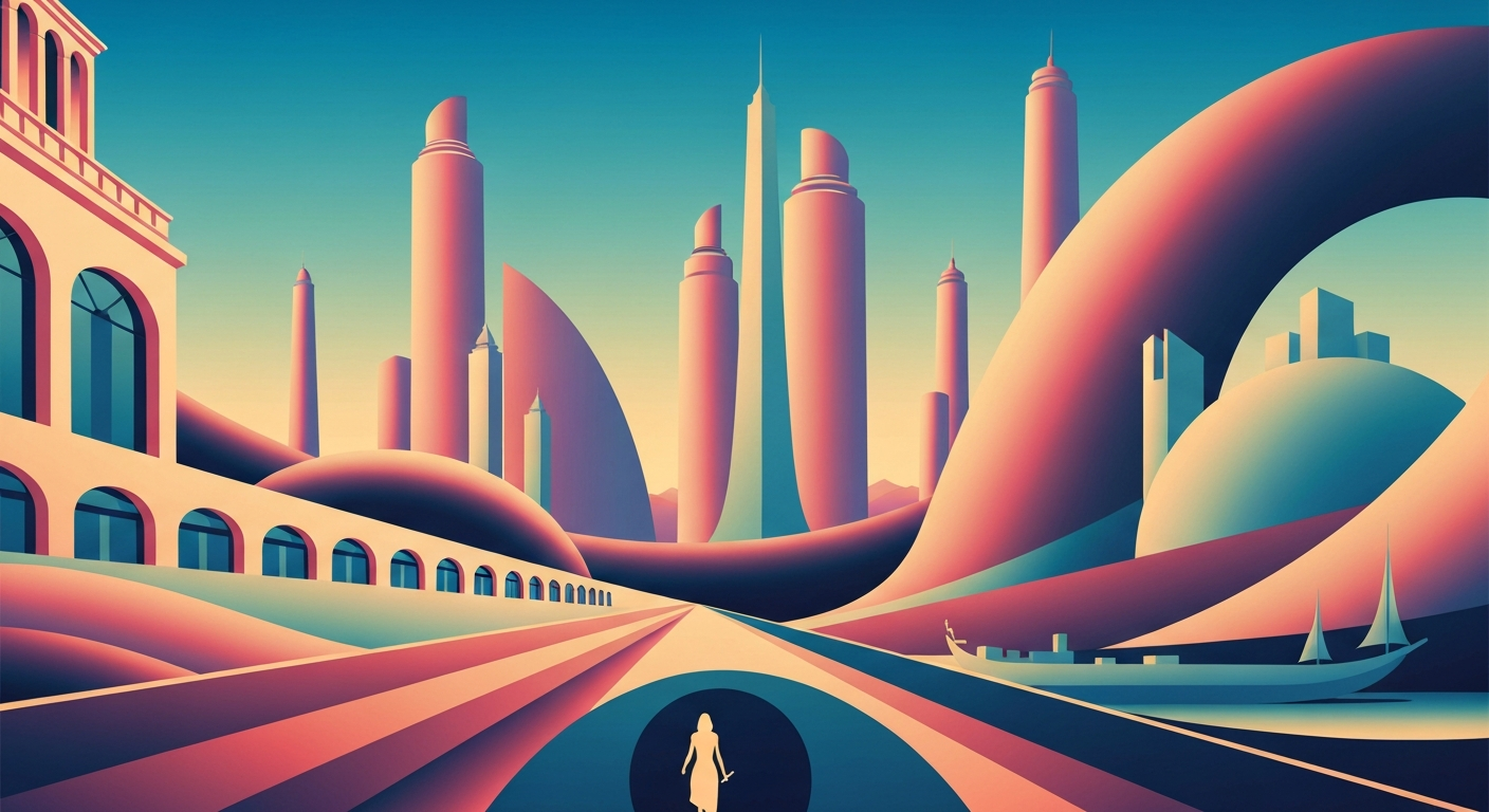 A bold, geometric illustration in the Art Deco style, featuring sweeping gradients and towering architectural forms, conceptually representing the contrasting hotel experiences in the Biloxi area.