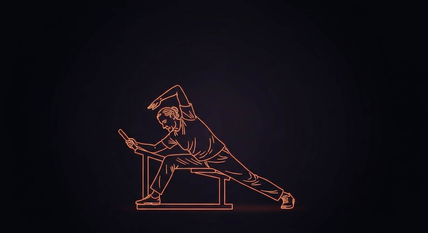 A vibrant neon outline of an elderly person stretching on a piece of fitness equipment, conveying the active, energetic spirit of senior playgrounds.