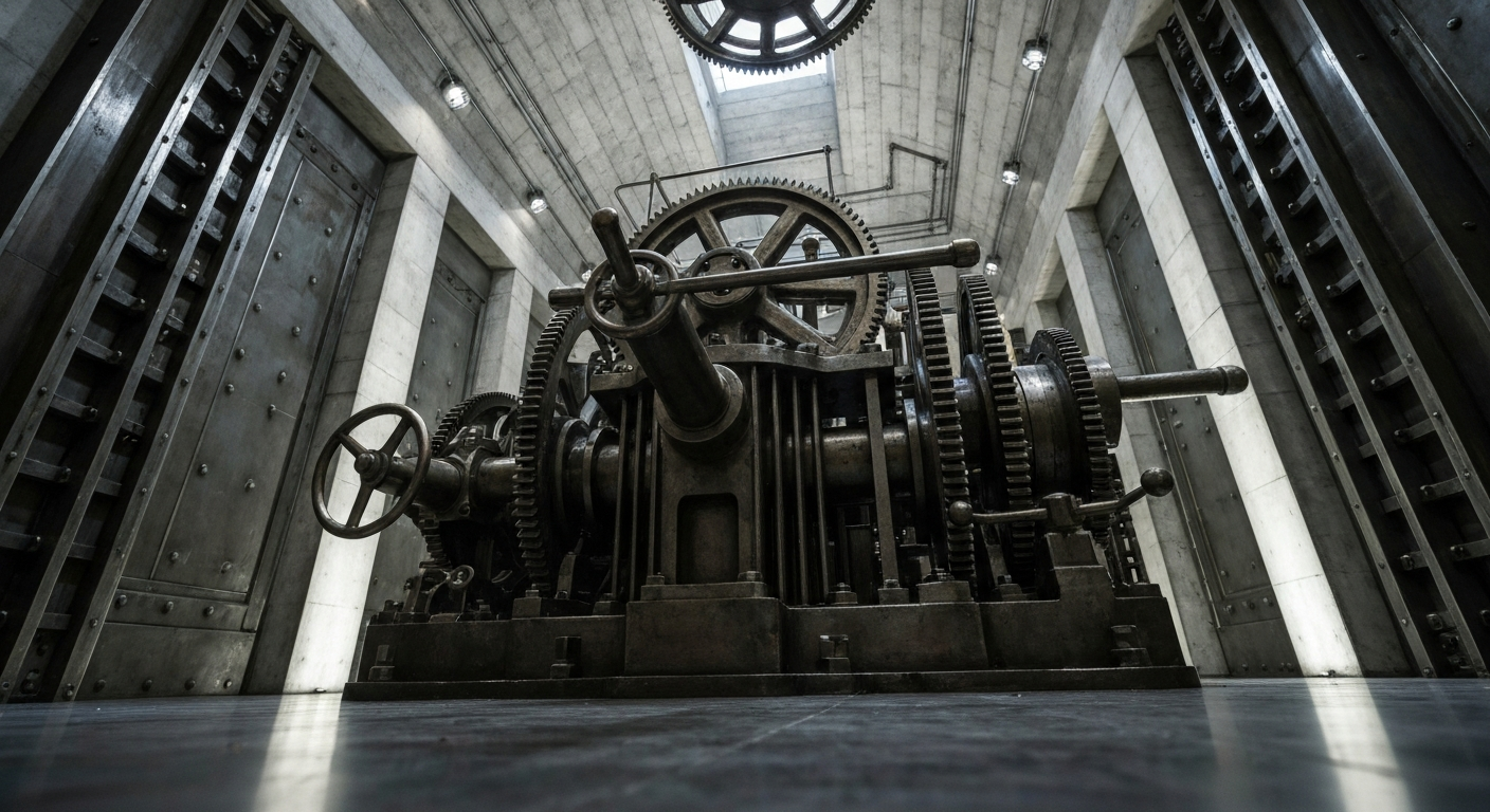 An extreme close-up of gears, levers, and other heavy banking equipment, conveying a sense of the complex financial infrastructure underlying the bank's operations.