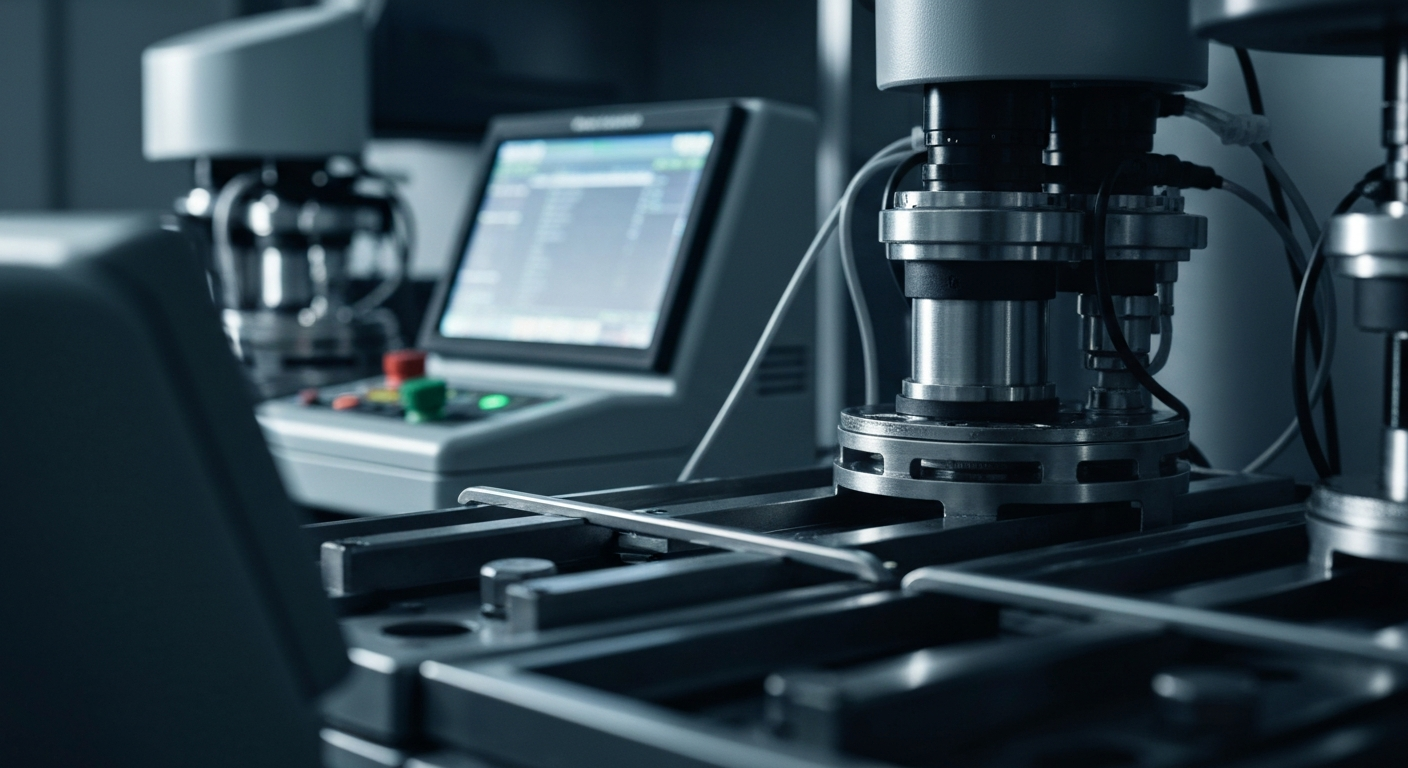 An extreme close-up of various genetic testing instruments and machinery, conveying the complex, high-tech nature of Fulgent Genetics' operations without using any text or identifiable elements.