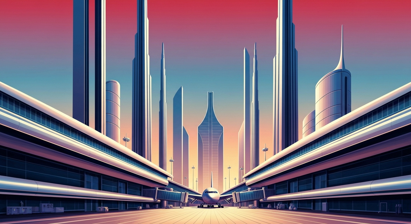 A bold, geometric Art Deco-inspired illustration depicting the sweeping scale and drama of an airport runway, with no literal depictions of people or text, conveying the high-stakes nature of the deadly LaGuardia Airport crash.