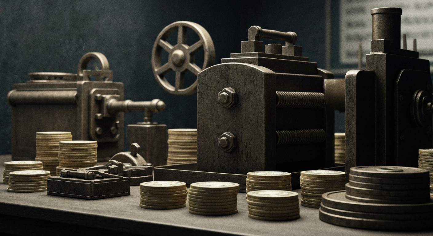 An extreme close-up of intricate, metallic banking machinery and mechanisms, conveying the complex financial infrastructure underlying the rise in short interest for Fidelity D&D Bancorp.