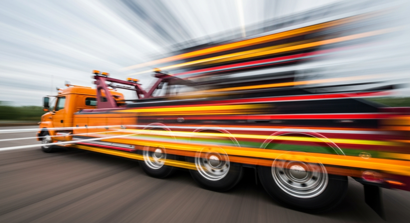 An abstract, colorful image of a heavy-duty tow truck in motion, with blurred lines and streaks of vibrant hues representing the power and speed of specialized towing equipment.