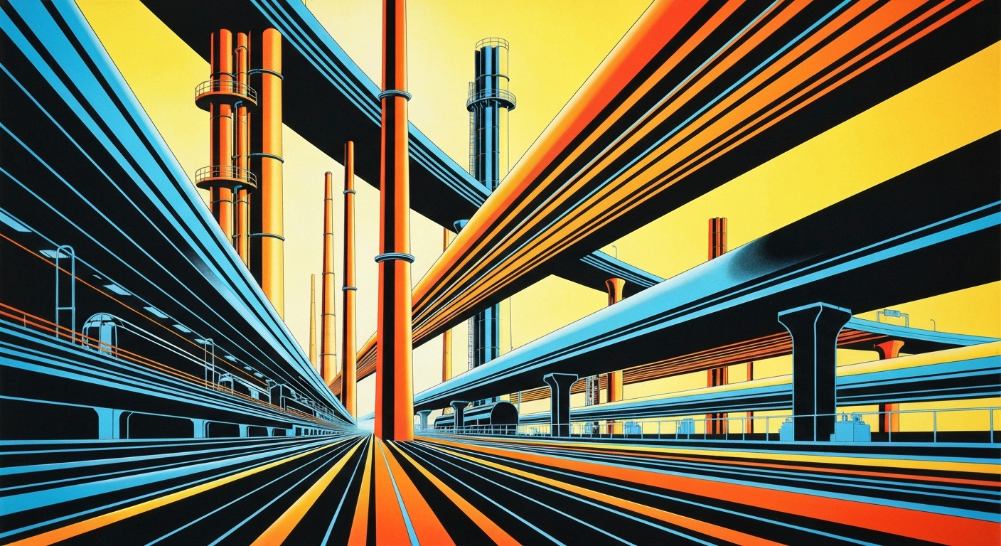 A highly stylized, geometric illustration depicting the grand scale and streamlined design of a major highway interchange or roadside travel center, capturing the expansive growth of the Buc-ee's travel center chain.