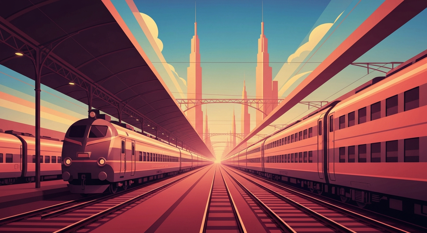 A highly stylized, geometric illustration depicting the grand scale and sleek forms of a train station, with sweeping gradients and forced perspectives evoking the elegance of rail travel.