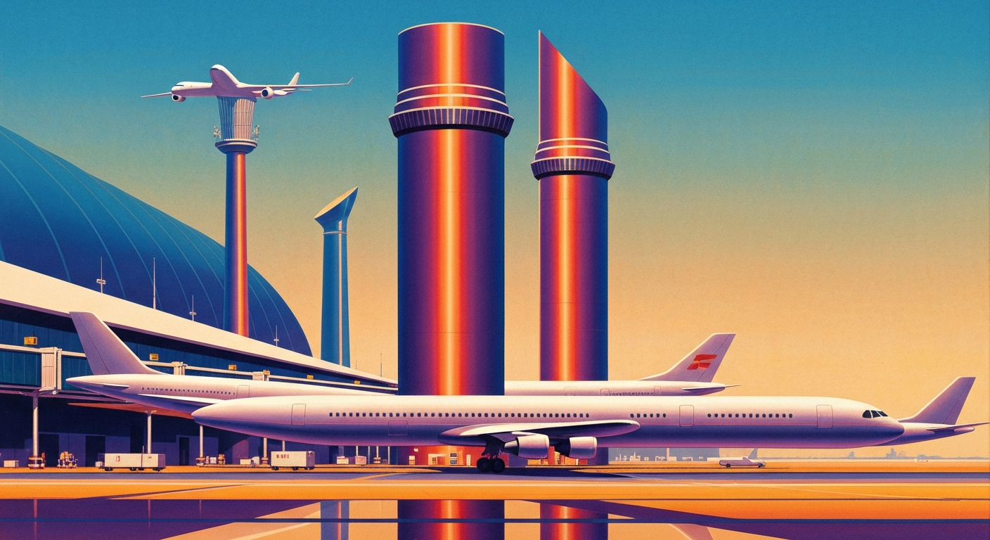 A highly stylized, geometric illustration in the Art Deco style, featuring sweeping, airbrushed gradients and towering, streamlined forms that evoke the grand scale and romance of air travel, without depicting any specific people, places or text.