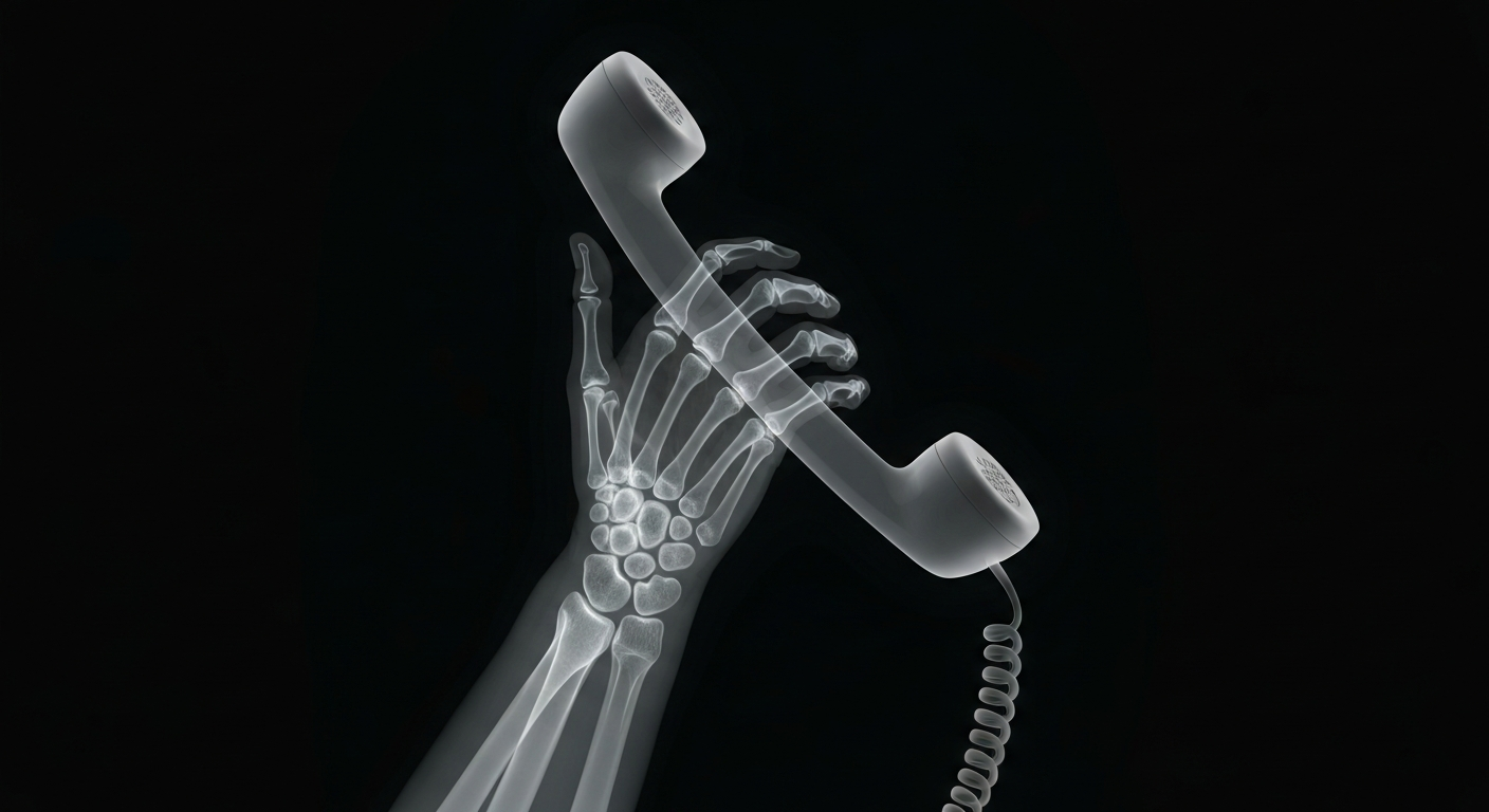 A ghostly, translucent X-ray image of an elderly person's hand holding a telephone receiver, the internal structure of the bones and veins visible against a dark background, conveying a sense of fragility and the importance of maintaining connections.