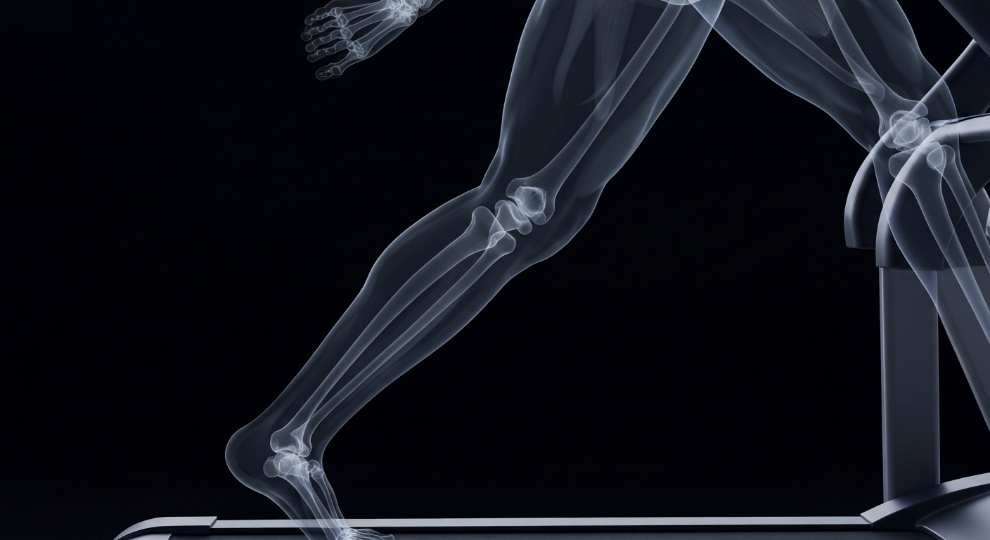 A translucent, ghostly X-ray image showing the skeletal structure and musculature of a human leg in motion on a treadmill, conceptually illustrating the internal processes that enable running as a weight loss exercise.