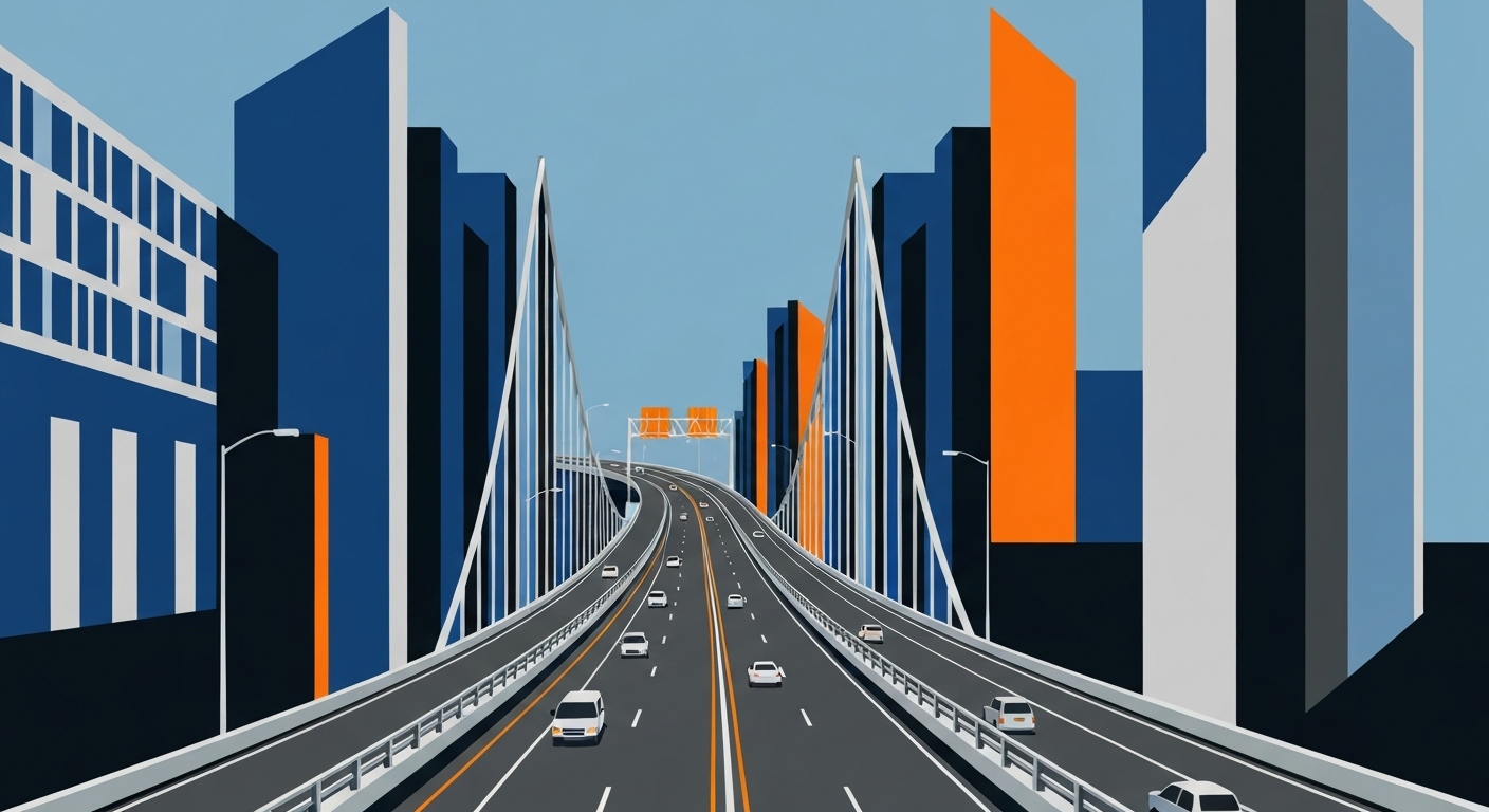A highly stylized, geometric illustration depicting an elevated interstate highway bridge with two lanes of traffic, surrounded by abstract architectural forms in shades of blue, grey, and orange, conceptually representing a transportation infrastructure project.