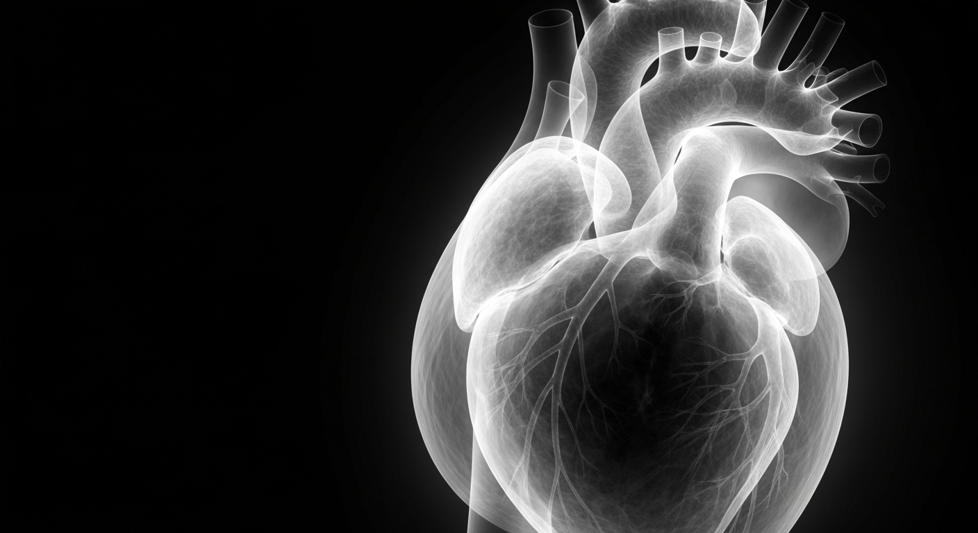 An extreme close-up X-ray photograph revealing the internal structure of an enlarged human heart with thickened muscle fibers, visually conveying the obstruction to blood flow caused by hypertrophic cardiomyopathy.