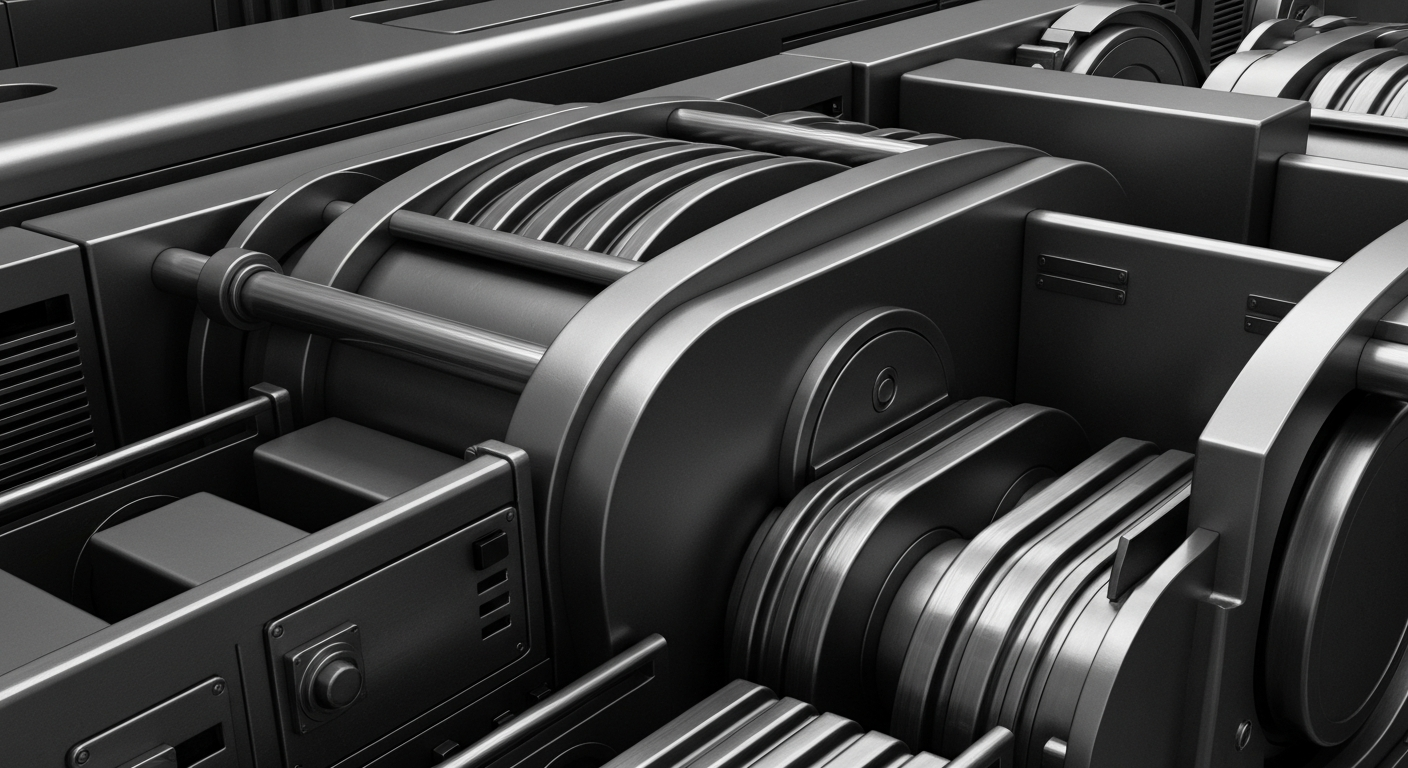 An extreme close-up of intricate, heavy industrial banking machinery and equipment, conveying a sense of institutional financial power and security without using any literal financial symbols or text.